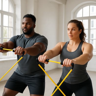 A man and a woman of different ethnicities doing resistance exercise in a light and airy space Make them look quite strong not super thin-1